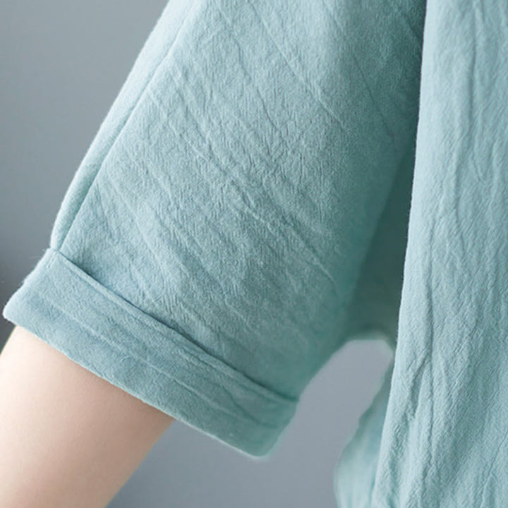 Buddha Stones Women's Plain Batwing Sleeve Design Half Sleeve Cotton Linen Shirt - image 9