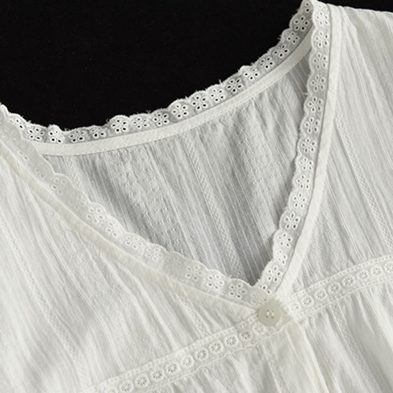 Buddha Stones Women's Pure White Lace V-neck Design Half Sleeve Cotton Shirt - image 6
