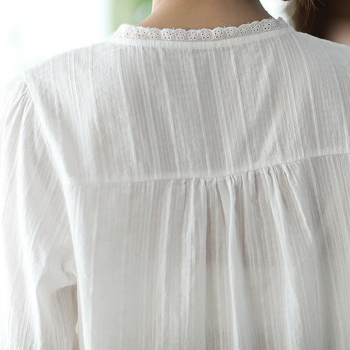 Buddha Stones Women's Pure White Lace V-neck Design Half Sleeve Cotton Shirt - image 5