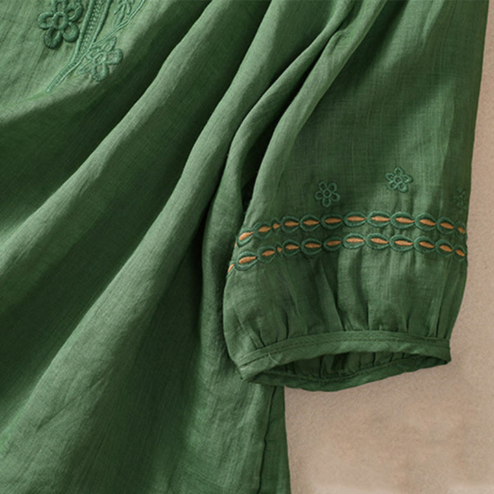 Buddha Stones Women's Crew Neck Hollow Design Half Sleeve Cotton Linen Shirt - image 22