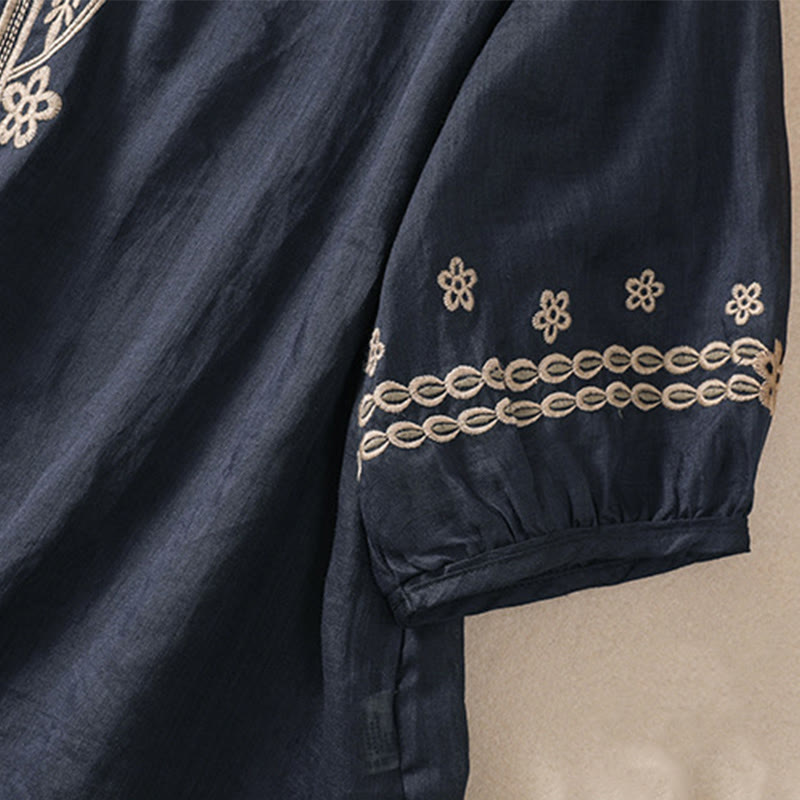 Buddha Stones Women's Crew Neck Hollow Design Half Sleeve Cotton Linen Shirt - image 13