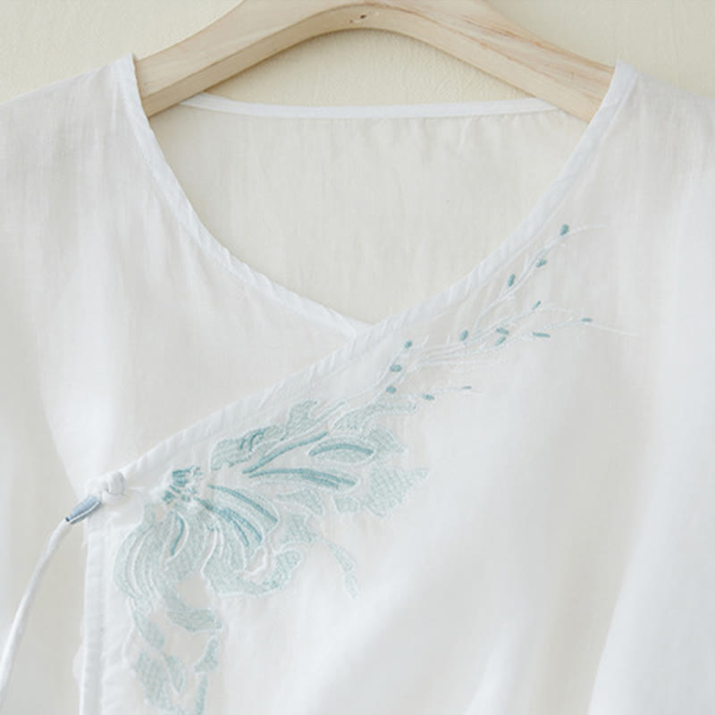Buddha Stones Casual Women's Embroidery Plants Design Three Quarter Sleeve Cotton Linen Shirt - image 10