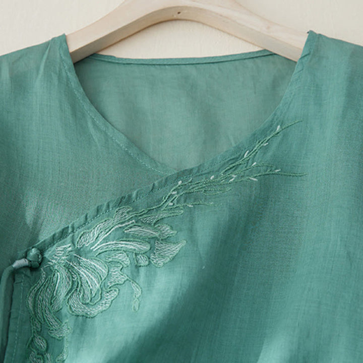 Buddha Stones Casual Women's Embroidery Plants Design Three Quarter Sleeve Cotton Linen Shirt - image 22