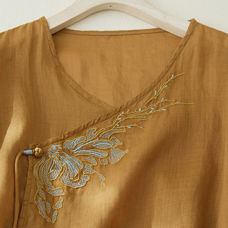 Buddha Stones Casual Women's Embroidery Plants Design Three Quarter Sleeve Cotton Linen Shirt - image 16