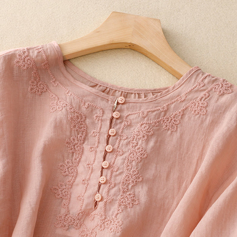 Buddha Stones Casual Women's Plain Frog Buckle Design Half Sleeve Cotton Linen Shirt - image 1