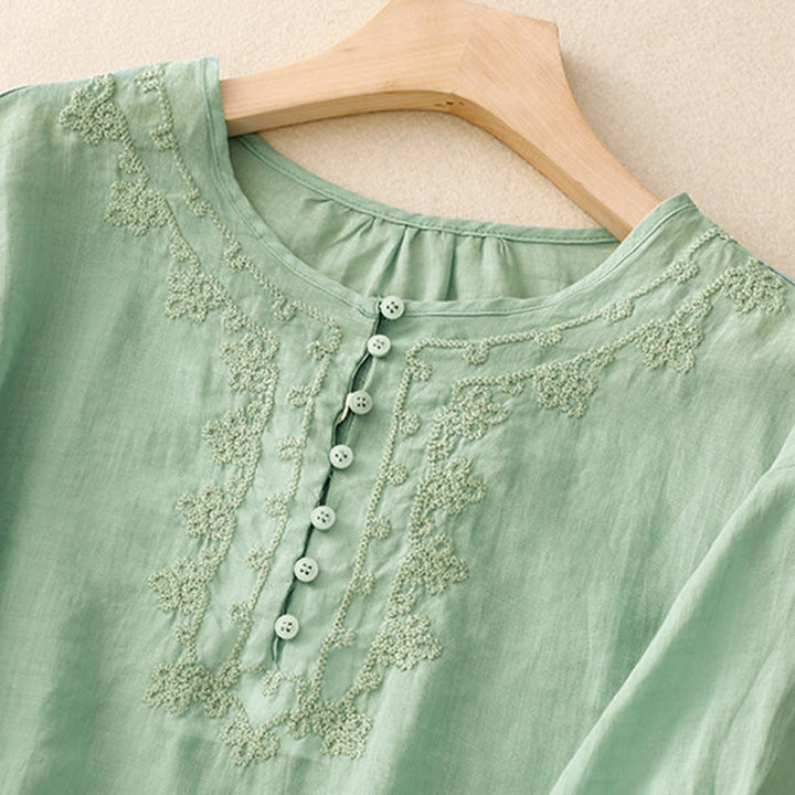 Buddha Stones Casual Women's Plain Frog Buckle Design Half Sleeve Cotton Linen Shirt - image 21