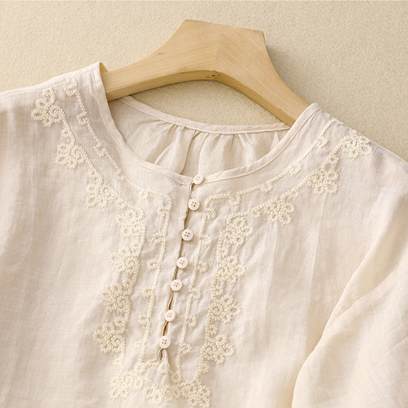 Buddha Stones Casual Women's Plain Frog Buckle Design Half Sleeve Cotton Linen Shirt - image 8