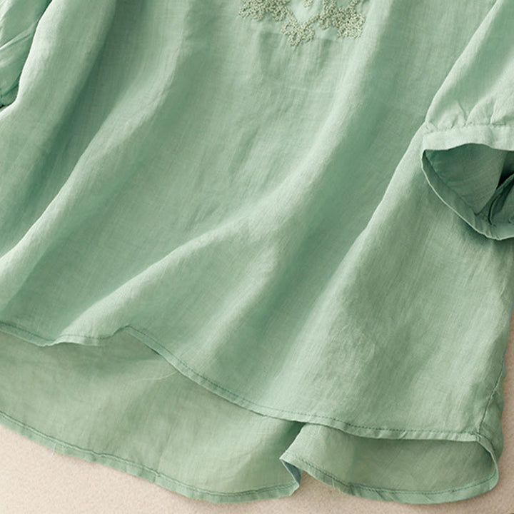 Buddha Stones Casual Women's Plain Frog Buckle Design Half Sleeve Cotton Linen Shirt - image 25