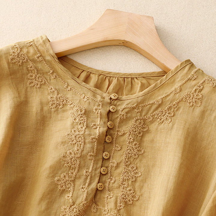 Buddha Stones Casual Women's Plain Frog Buckle Design Half Sleeve Cotton Linen Shirt - image 14