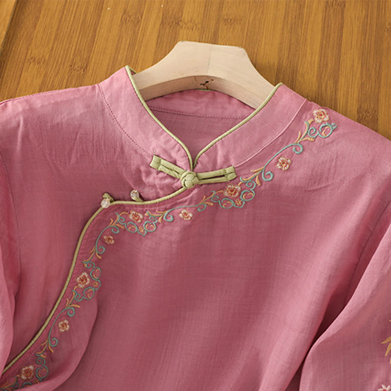 Buddha Stones Casual Women's Embroidered Flower Stand Collar Design Three Quarter Sleeve Cotton Linen Shirt - image 16