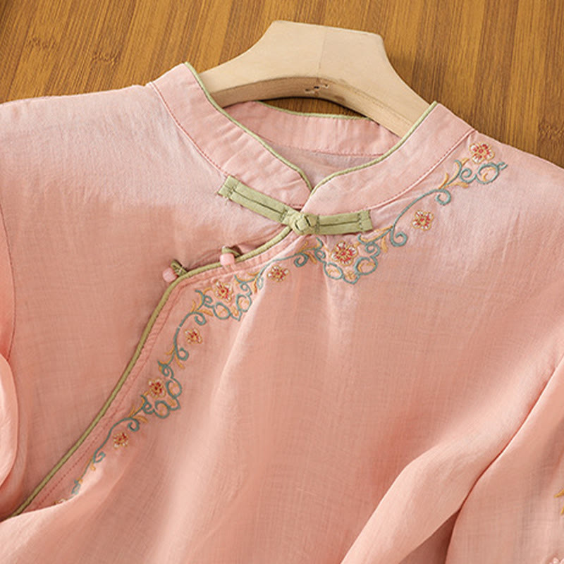 Buddha Stones Casual Women's Embroidered Flower Stand Collar Design Three Quarter Sleeve Cotton Linen Shirt - image 4