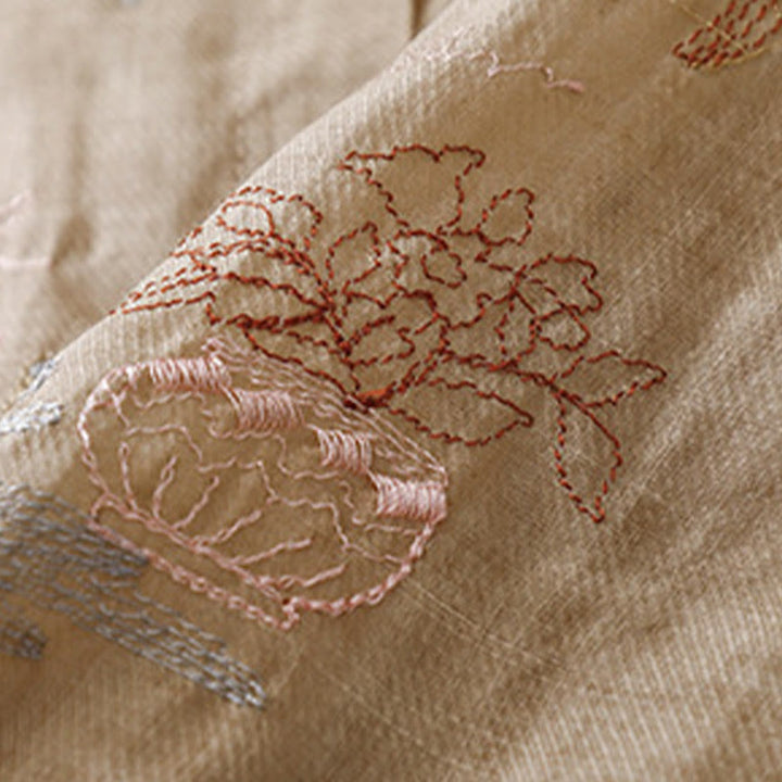 Buddha Stones Casual Embroidered Plant Stand Collar Design Three Quarter Sleeve Women's Cotton Linen Shirt - image 17