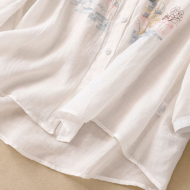 Buddha Stones Casual Embroidered Plant Stand Collar Design Three Quarter Sleeve Women's Cotton Linen Shirt - image 10