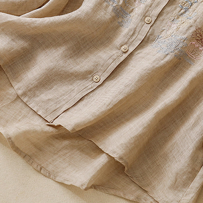 Buddha Stones Casual Embroidered Plant Stand Collar Design Three Quarter Sleeve Women's Cotton Linen Shirt - image 16