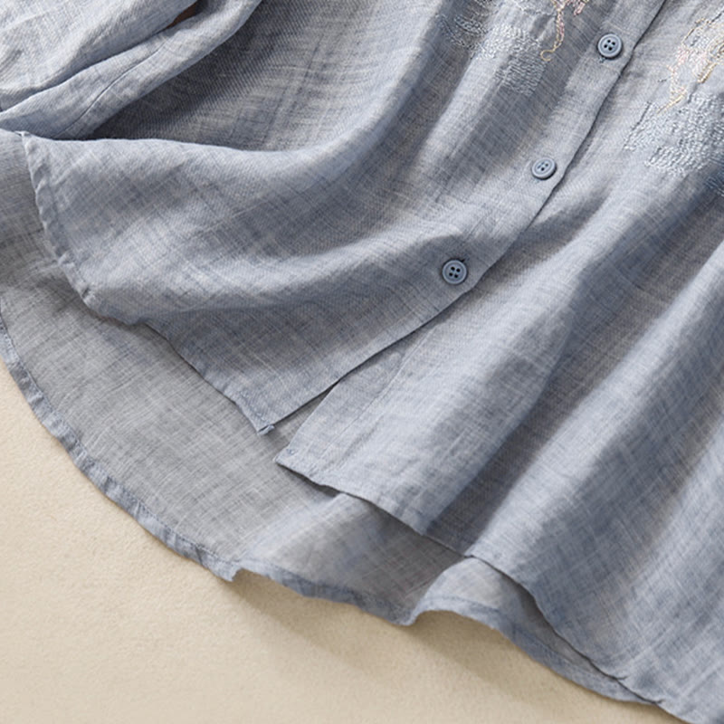 Buddha Stones Casual Embroidered Plant Stand Collar Design Three Quarter Sleeve Women's Cotton Linen Shirt - image 26