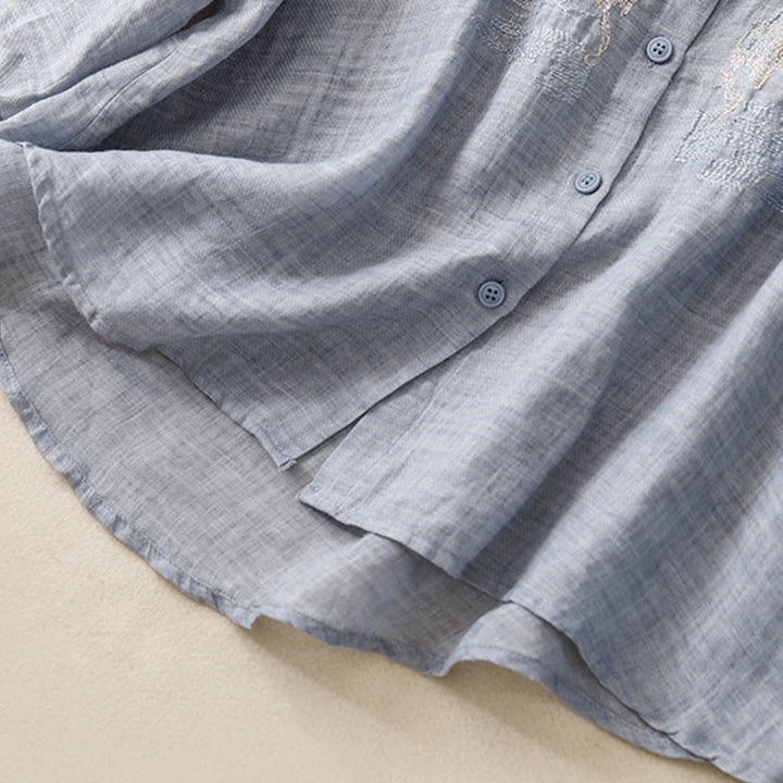 Buddha Stones Casual Embroidered Plant Stand Collar Design Three Quarter Sleeve Women's Cotton Linen Shirt - image 26