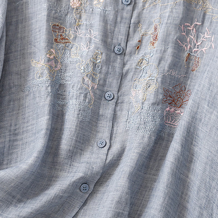 Buddha Stones Casual Embroidered Plant Stand Collar Design Three Quarter Sleeve Women's Cotton Linen Shirt - image 27