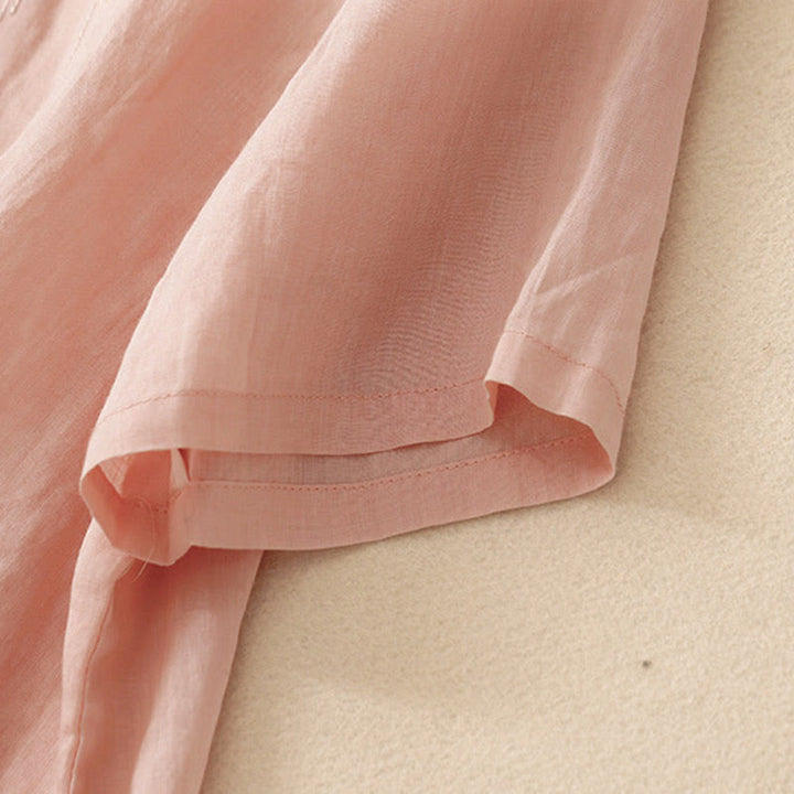 Buddha Stones Casual Women's Embroidered Flower V-neck Design Loose Half Sleeve Cotton Linen Shirt - image 4