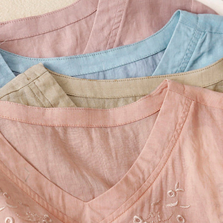 Buddha Stones Casual Women's Embroidered Flower V-neck Design Loose Half Sleeve Cotton Linen Shirt - image 28