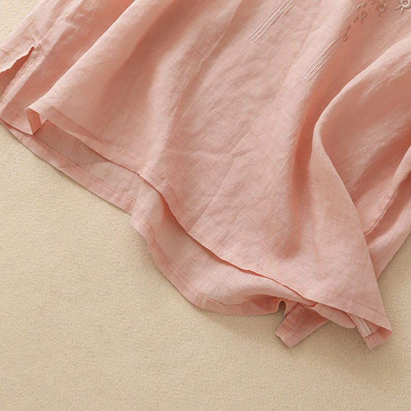 Buddha Stones Casual Women's Embroidered Flower V-neck Design Loose Half Sleeve Cotton Linen Shirt - image 3