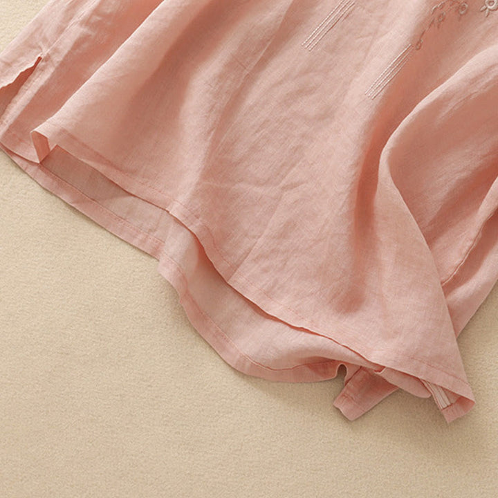 Buddha Stones Casual Women's Embroidered Flower V-neck Design Loose Half Sleeve Cotton Linen Shirt - image 3