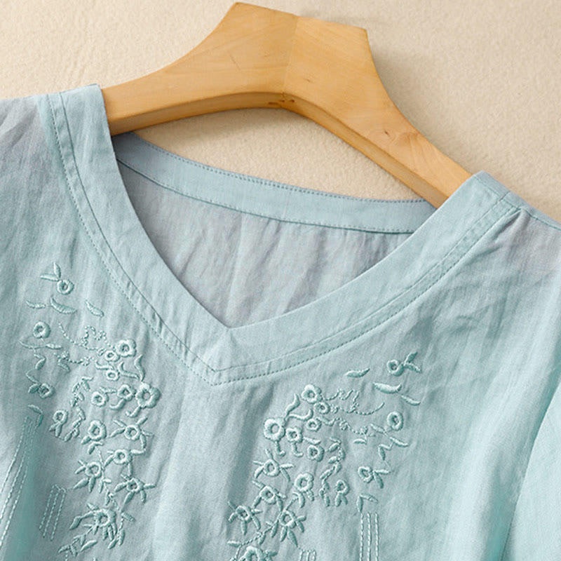Buddha Stones Casual Women's Embroidered Flower V-neck Design Loose Half Sleeve Shirt - image 23
