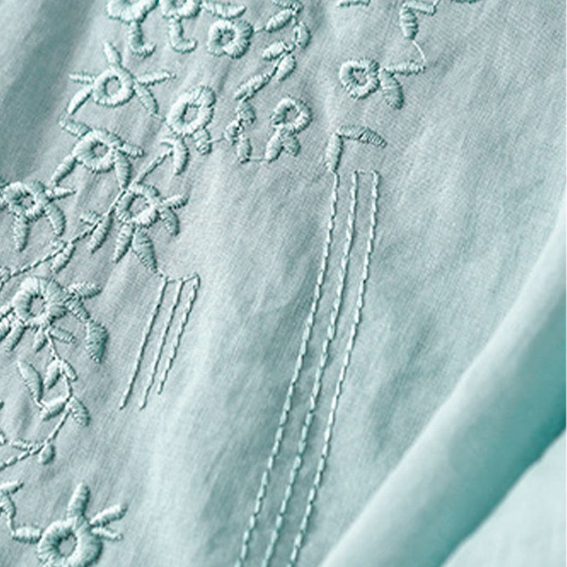 Buddha Stones Casual Women's Embroidered Flower V-neck Design Loose Half Sleeve Cotton Linen Shirt - image 24