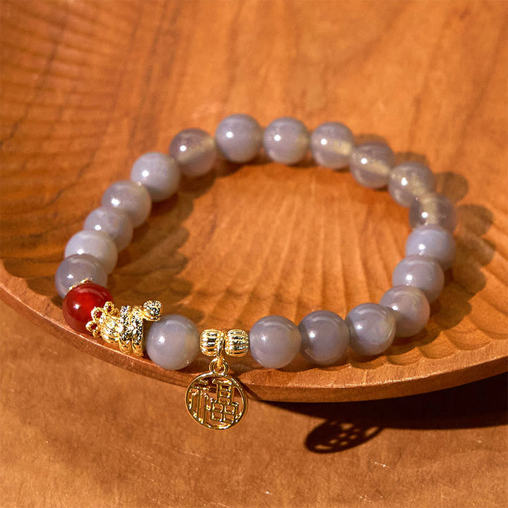 Buddha Stones Year Of The Snake Gray Agate Red Agate Fu Character Positivity Bracelet