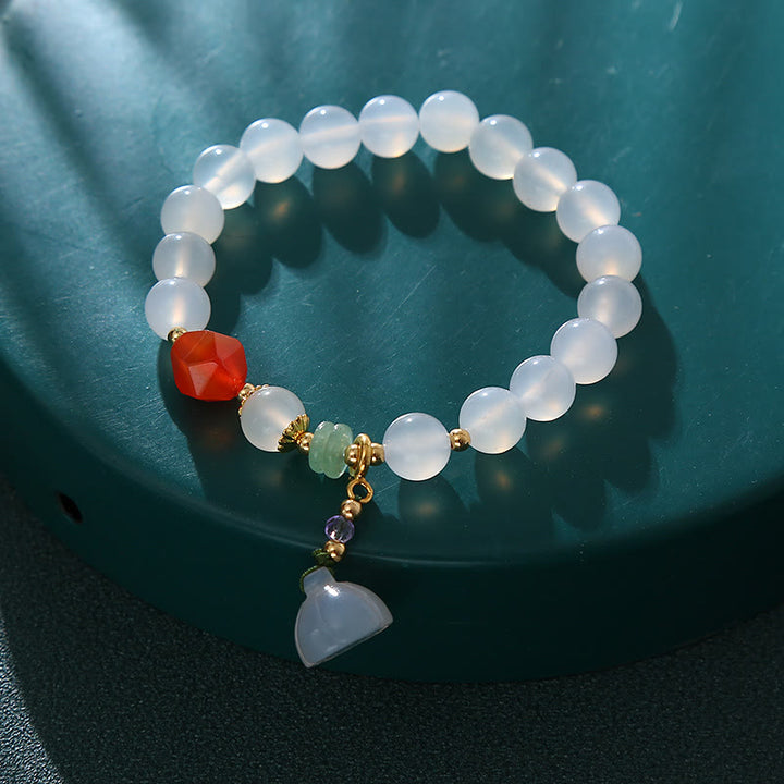 Buddha Stones White Agate Red Agate Lotus Pod Charm Luck Bracelet