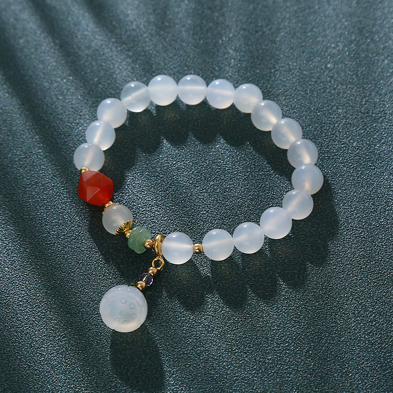 Buddha Stones White Agate Red Agate Lotus Pod Charm Luck Bracelet