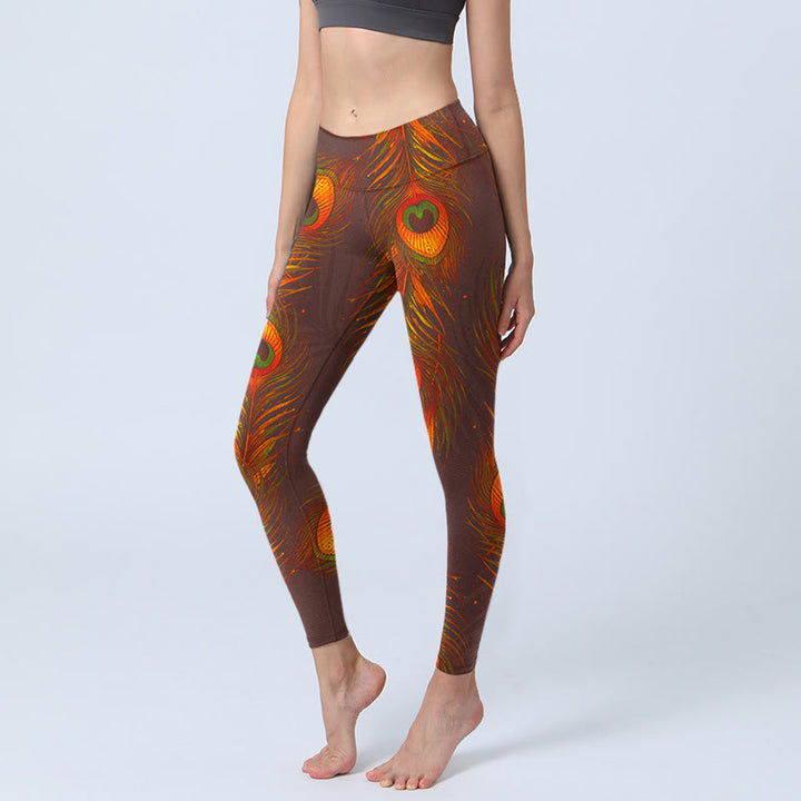 Buddha Stones Brown Peacock Feathers Print Gym Leggings Women's Yoga Pants