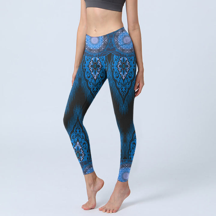 Buddha Stones Blue Mandala Feathers Print Gym Leggings Women's Yoga Pants