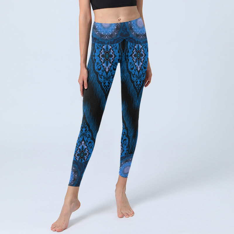 Buddha Stones Blue Mandala Feathers Print Gym Leggings Women's Yoga Pants