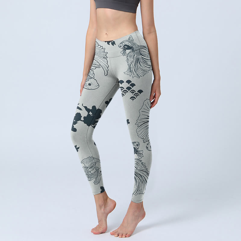 Buddha Stones Gray Koi Fish Floral Waves Print Gym Leggings Women's Yoga Pants - Silver - US18，UK/AU22，EU50 (4XL) - image 0