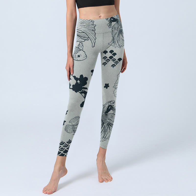 Buddha Stones Gray Koi Fish Floral Waves Print Gym Leggings Women's Yoga Pants - image 5