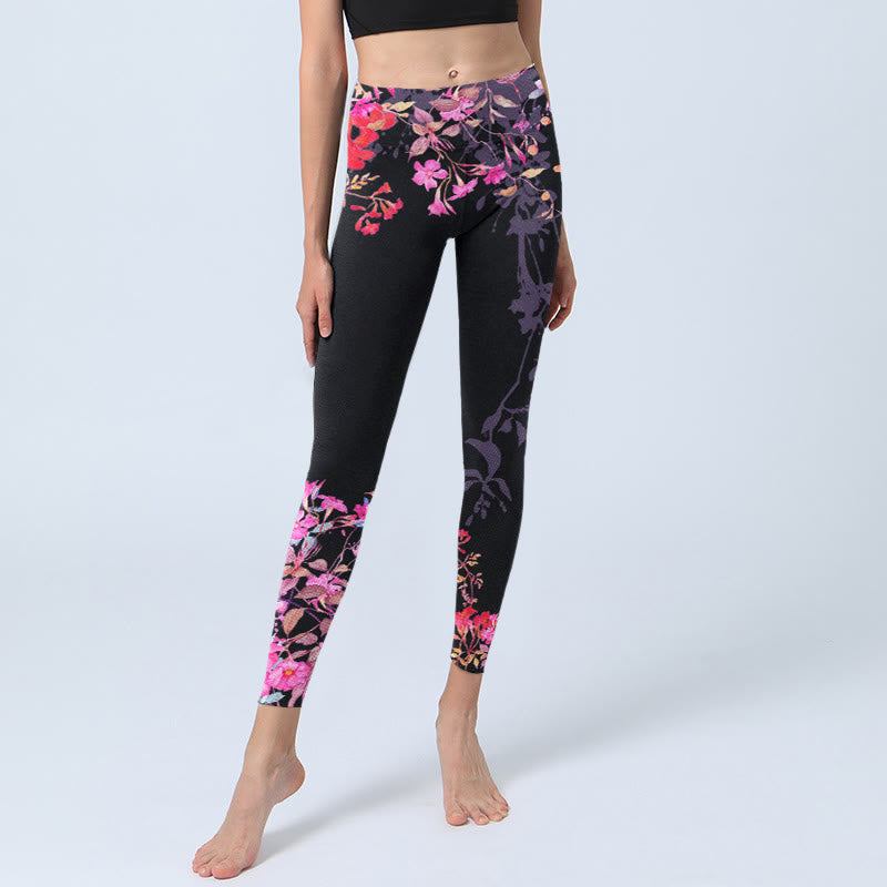 Buddha Stones Black Pink Floral Leaves Print Gym Leggings Women's Yoga Pants