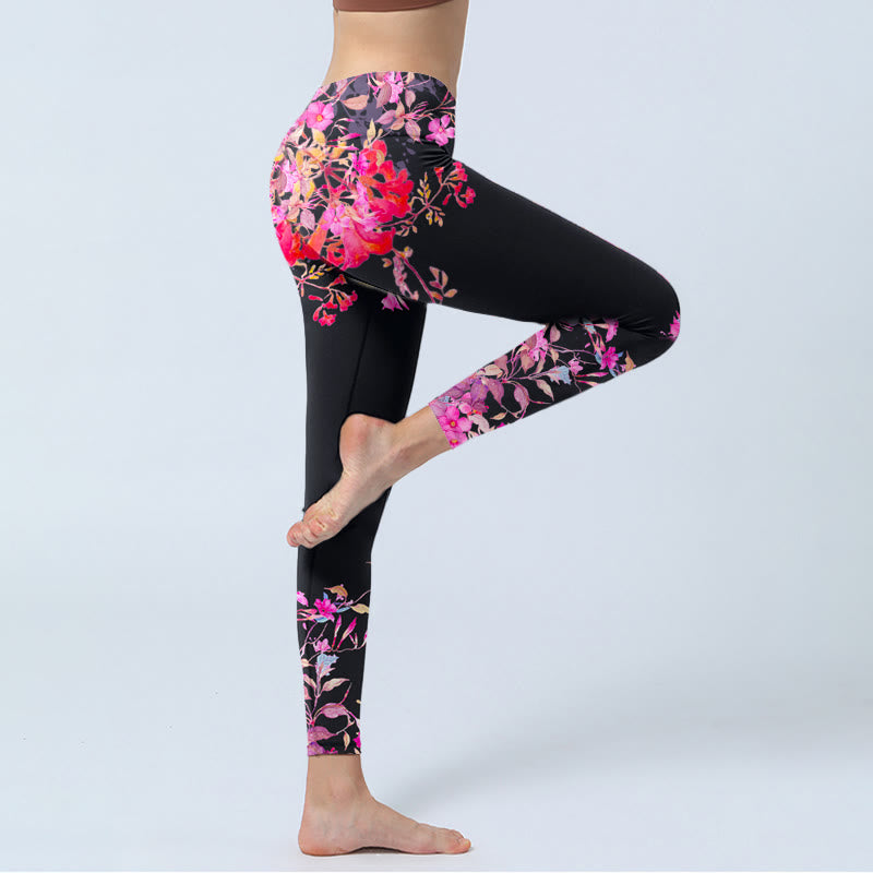 Buddha Stones Black Pink Floral Leaves Print Gym Leggings Women's Yoga Pants - image 5