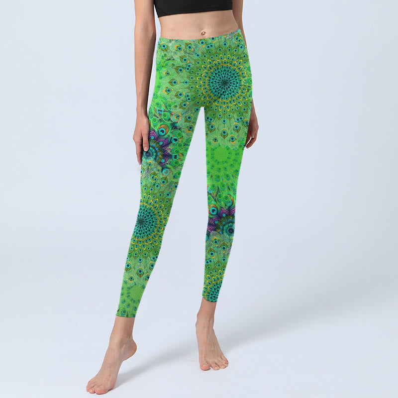 Buddha Stones Green Peacock Tail Feathers Print Gym Leggings Women's Yoga Pants - image 5