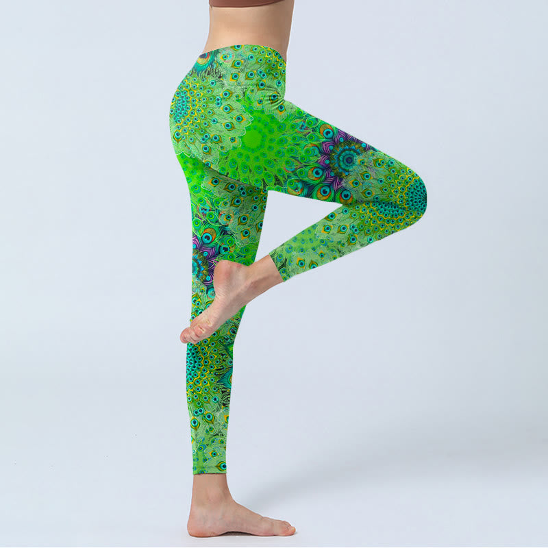 Buddha Stones Green Peacock Tail Feathers Print Gym Leggings Women's Yoga Pants - image 5