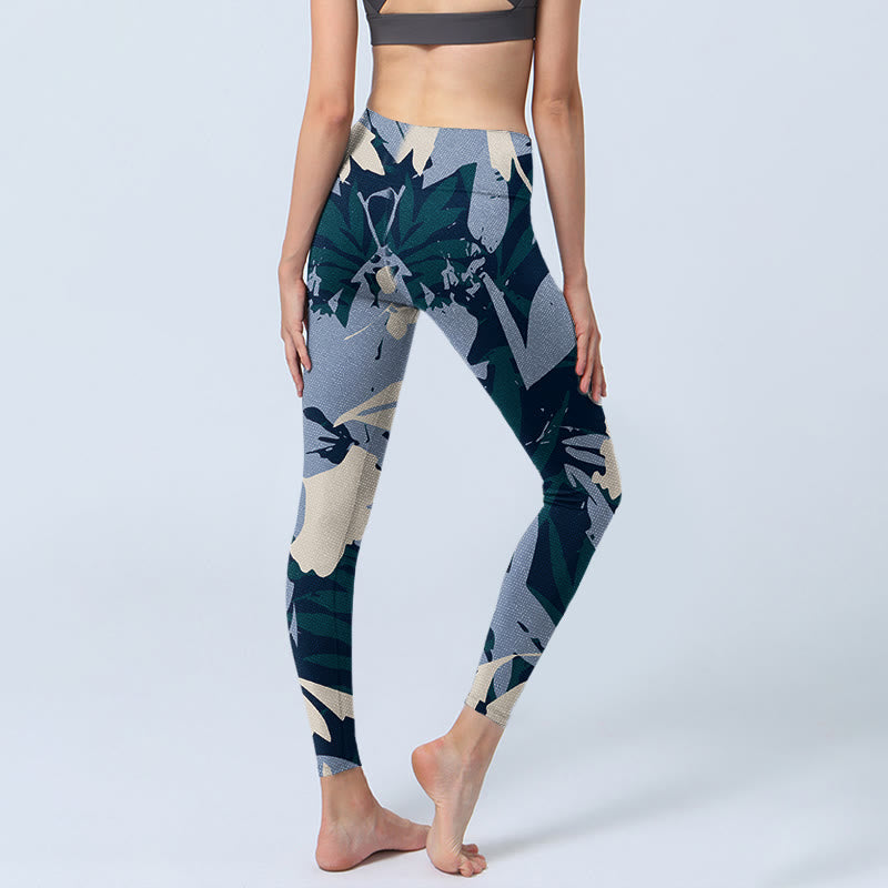 Buddha Stones Blue Plant Leaves Print Gym Leggings Women's Yoga Pants - image 4