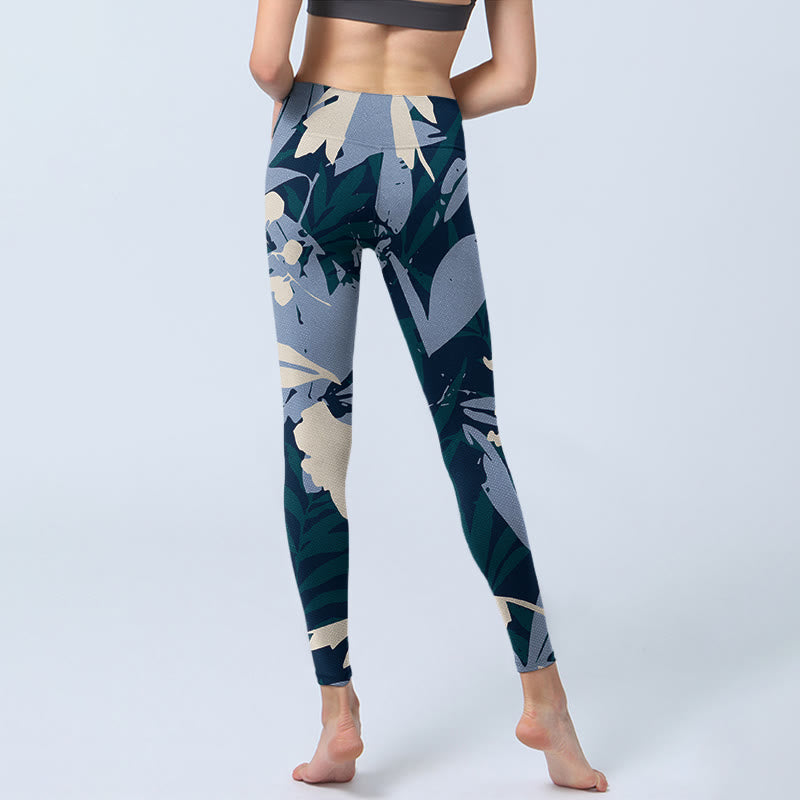 Buddha Stones Blue Plant Leaves Print Gym Leggings Women's Yoga Pants