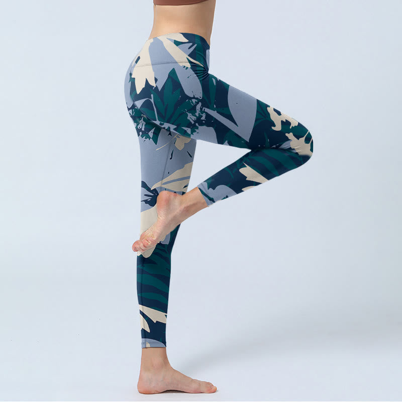 Buddha Stones Blue Plant Leaves Print Gym Leggings Women's Yoga Pants