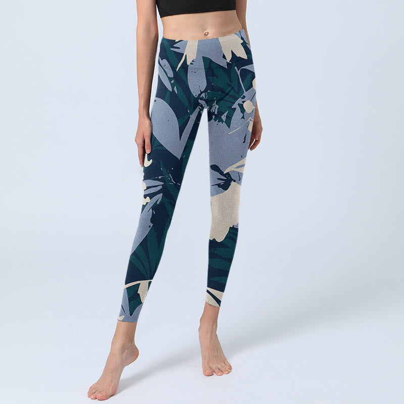 Buddha Stones Blue Plant Leaves Print Gym Leggings Women's Yoga Pants - image 5