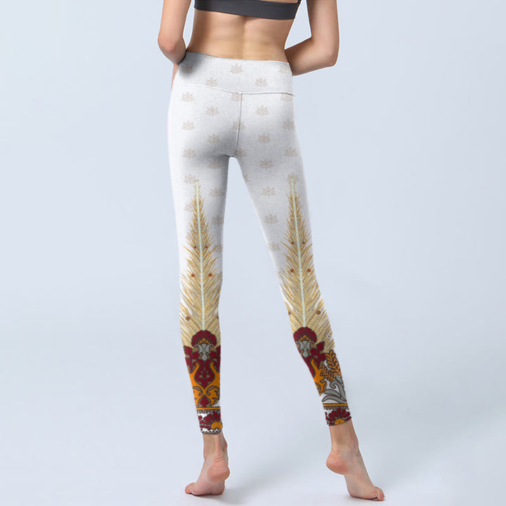 Buddha Stones White Abstract Lotus Flower Print Gym Leggings Women's Yoga Pants