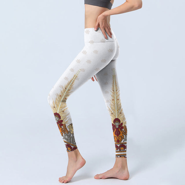 Buddha Stones White Abstract Lotus Flower Print Gym Leggings Women's Yoga Pants