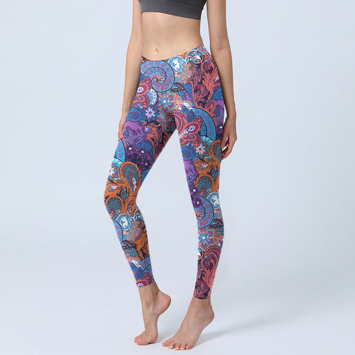 Buddha Stones Colorful Floral Curly Grass Print Gym Leggings Women's Yoga Pants - CornflowerBlue - US18，UK/AU22，EU50 (4XL) - image 0