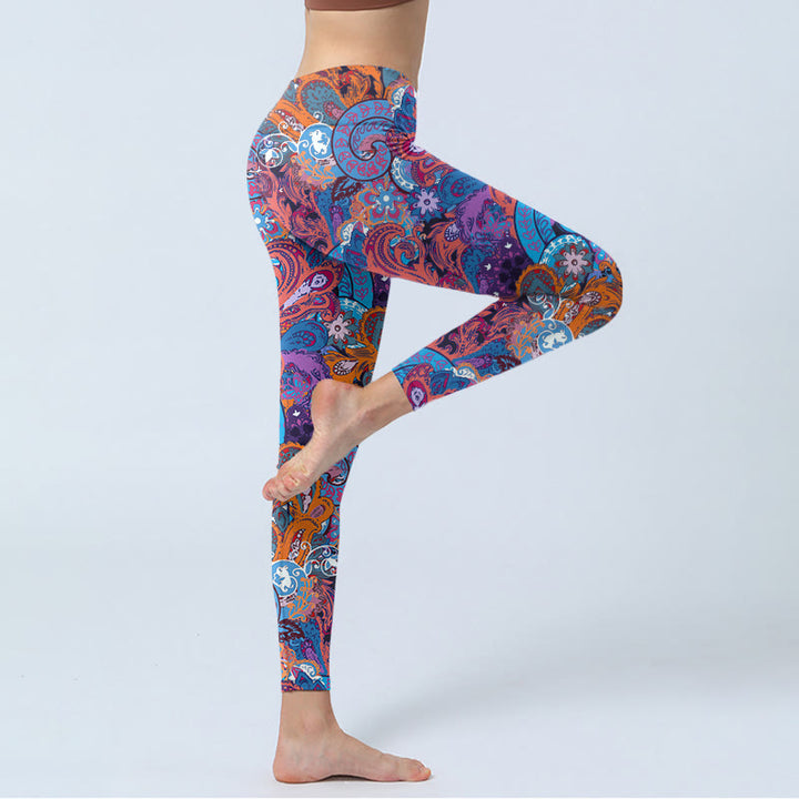 Buddha Stones Colorful Floral Curly Grass Print Gym Leggings Women's Yoga Pants