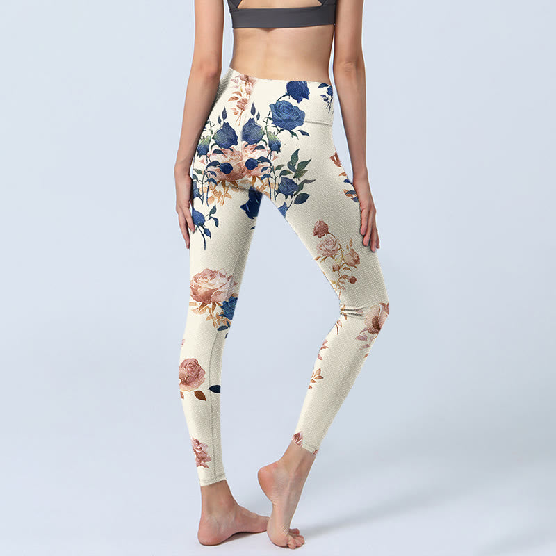 Buddha Stones Red Blue Rose Leaf Print Gym Leggings Women's Yoga Pants - image 5