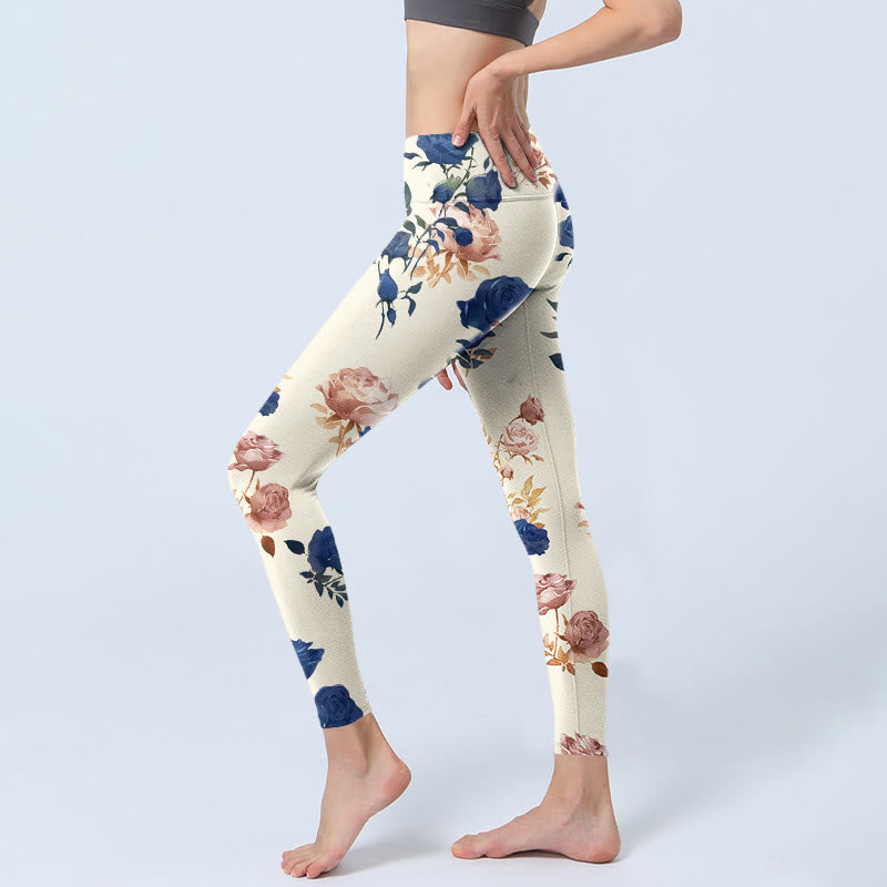 Buddha Stones Red Blue Rose Leaf Print Gym Leggings Women's Yoga Pants