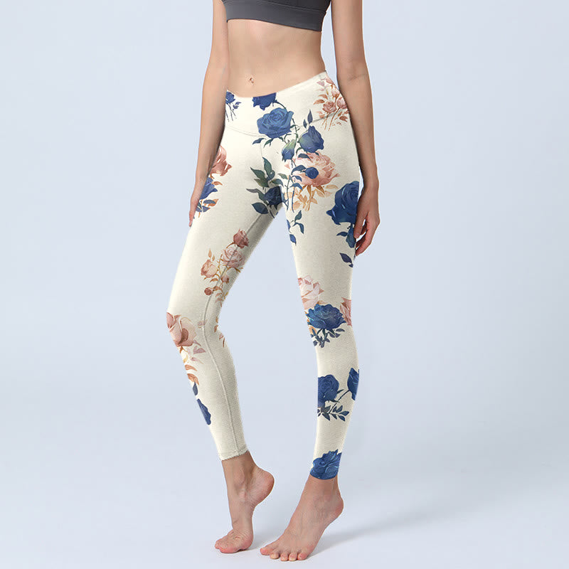Buddha Stones Red Blue Rose Leaf Print Gym Leggings Women's Yoga Pants - Cornsilk - US18，UK/AU22，EU50 (4XL) - image 0